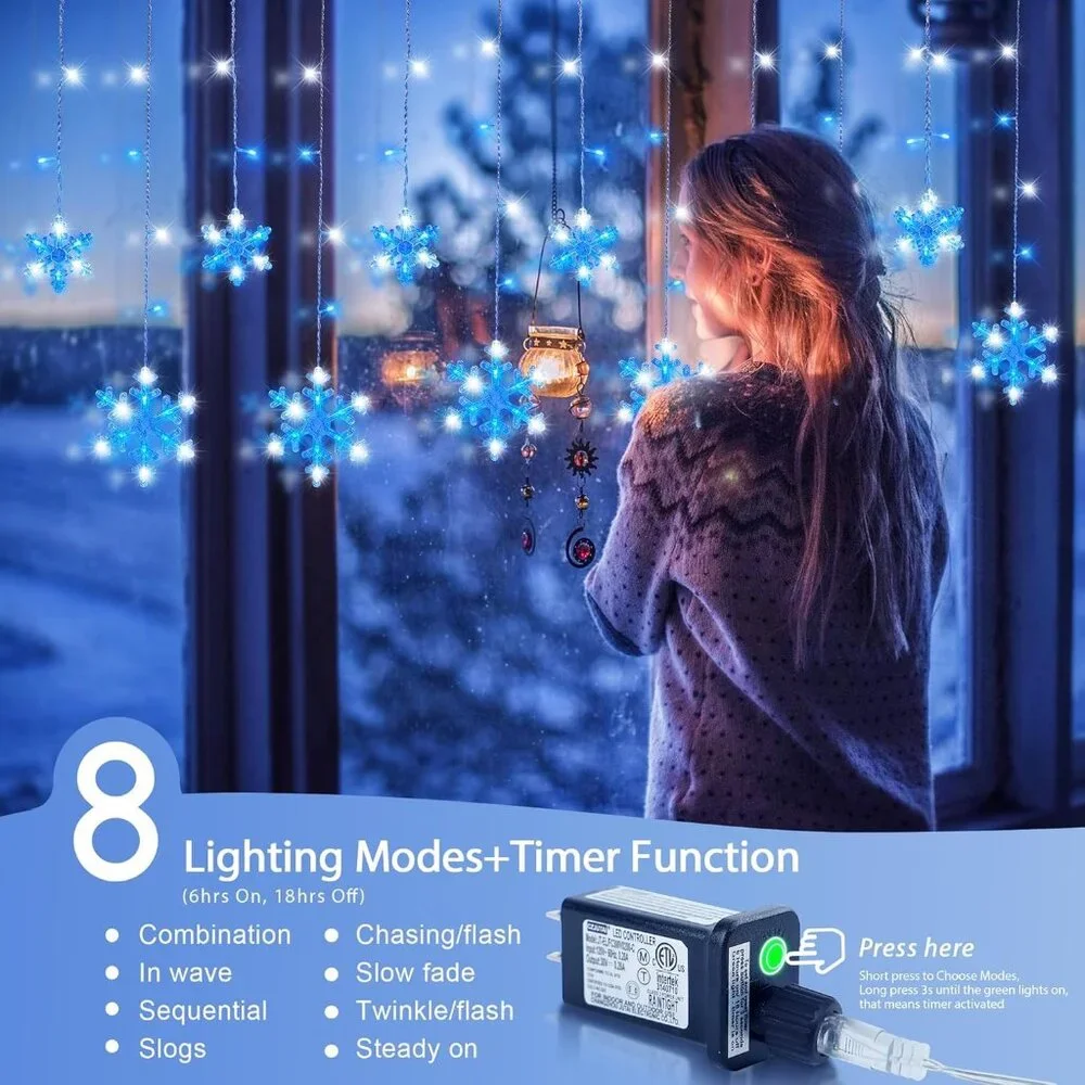 Elegant 6.5ft Christmas Snowflake Icicle Lights - 144LEDs, 12 Drops, Waterproof